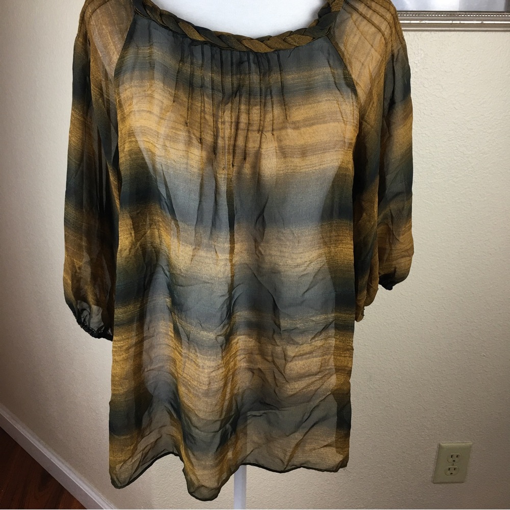 Trulli Women's Brown Black Stripe Sheer 3/4 Sleeve Blouse Size M